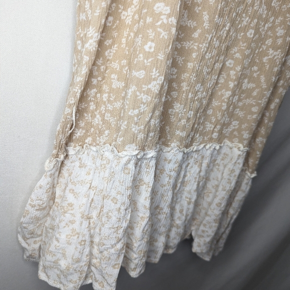 Anthropologie Lazy Sundays Tan White Ditsy Floral Knot Tie Tank Lined Dress Sz M - Picture 6 of 11